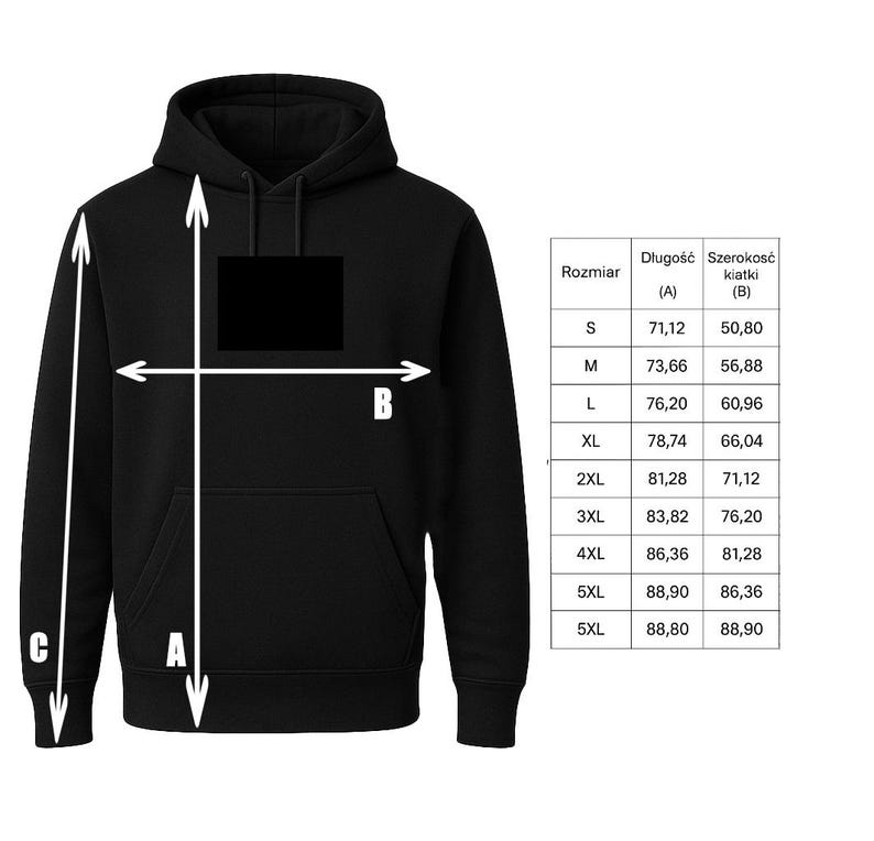 以下が含まれることがあります： フロントポケットとフードが付いた黒いフード付きスウェットシャツ。画像には、長さと胸囲の測定値がセンチメートルで示されたサイズチャートが含まれています。チャートには、Sから5XLまでのサイズがリストされています。