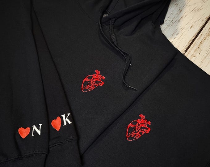 High quality Embroidered Heart Sweatshirt | Personalized Couples Hoodie | Valentines Couple Initials | Matching Sleeve Initial Hoodie