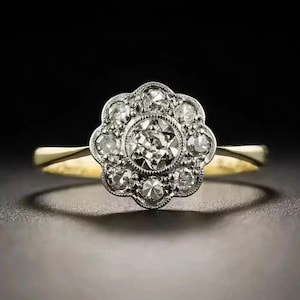 Anillo de compromiso floral con diamante redondo de 1 ct, chapado en oro de 14 quilates, estilo vintage, con halo retro y milgrain, hermosa joyería hecha a mano para mujer.