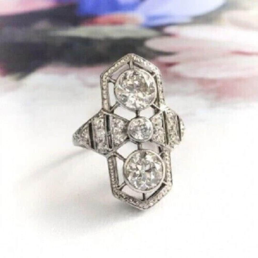 Art Deco Vintage Style Three Stone Ring Round Diamond Retro Milgrain ...