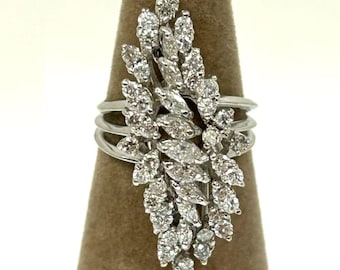 Anillo marquesa con racimo, anillo cascada, anillo vintage llamativo, anillo de compromiso, anillo de cóctel floral con diamantes brillantes chapado en oro blanco de 14 quilates
