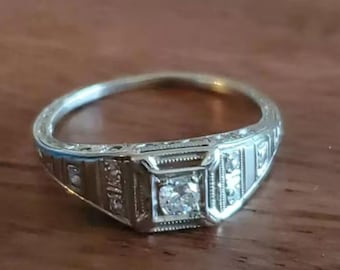 Antique Art Deco Ring Engagement Ring For Women Vintage Filigree Wedding Ring 14K White Gold Plated Dainty Milgrain Ring Handmade Jewelry