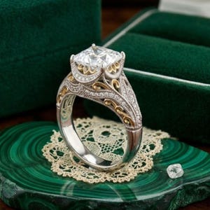 Victorian Style 3 Ct Princess Cut Ring Art Deco Filigree Milgrain Ring Two Tone Wedding Ring Scrollwork Engagement Ring For Women Jewelry