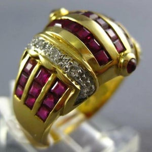 Vintage Estate 14K Yellow Gold Plated Ruby Diamond Dome Ring Multi Row Wide Band Princess Ruby Channel Set Cocktail Ring Statement Ring