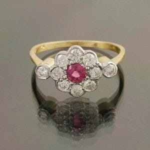 Bague halo de diamants rubis taille ronde de style vintage, bague de fiançailles florale marguerite, bague de promesse de mariée en grappe, bague en argent sterling 925 pour elle