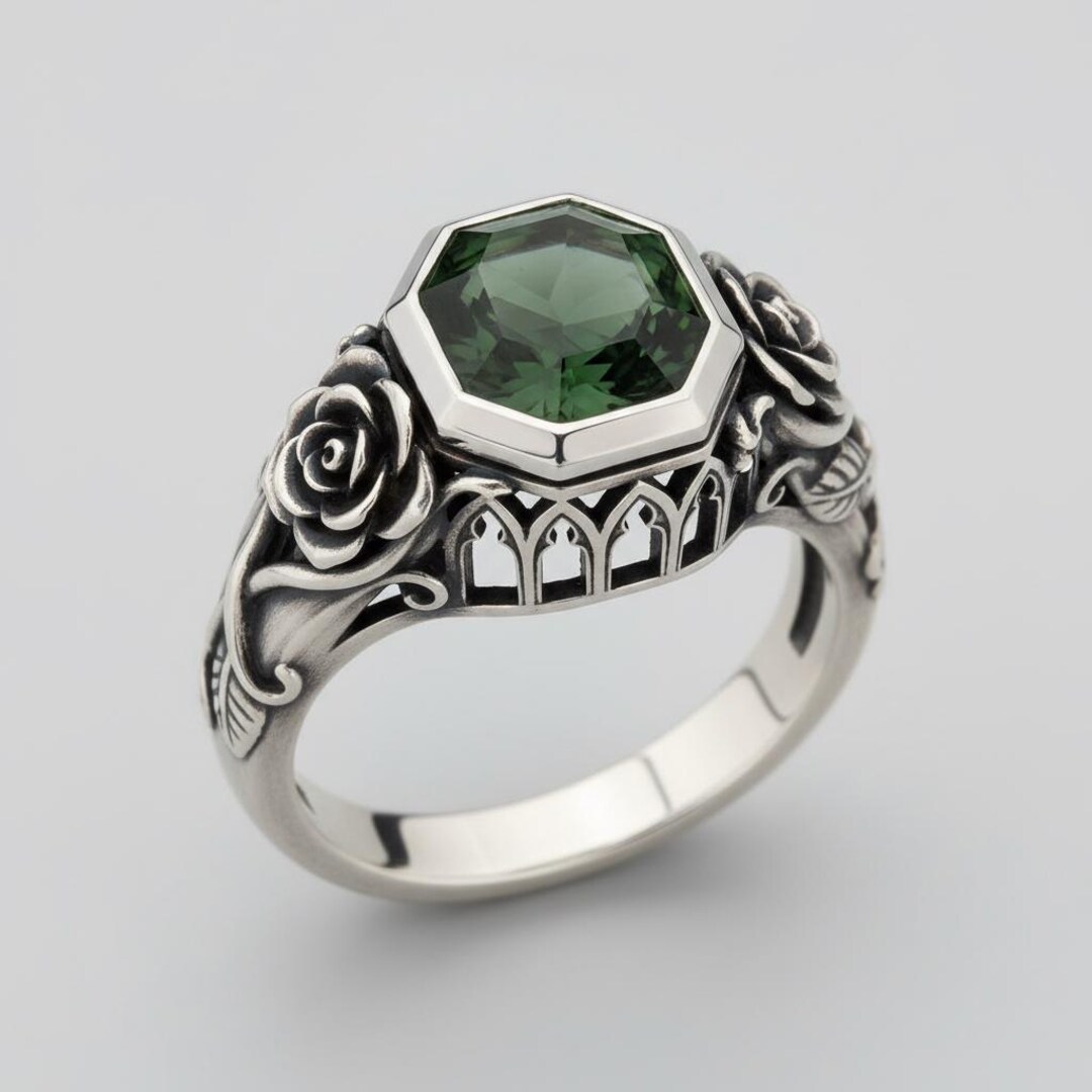 polygon ring | gokstone Images High Quality Grahic Gothic Green Stone Hexagon Ring • Sterling Silver Rose Cathedral ...