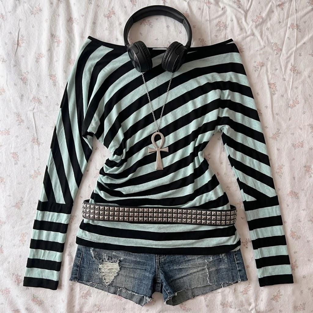 Striped Long Sleeve Shirt Y2k - Etsy