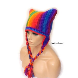 CAMPFIRE TALES kitty cat long braids Winter hat #kittycat #handmade #original #Winter #crochet #hat #crochethat #boho #FestiveEtsyFinds