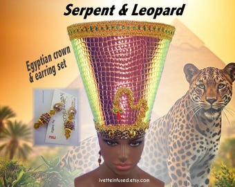 Ancient Egyptian crown and earrings set, Pharoah crown, Cleopatra crown, Theatrical costume, Egyptian royalty