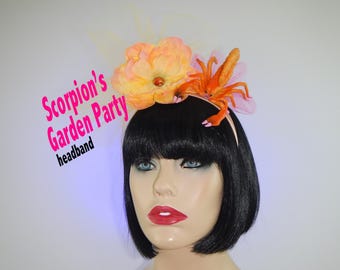 Scorpion's Garden Party Headband, Orange Scorpion, Floral Tulle Accent
