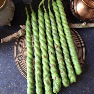 May include: A collection of eight twisted green candles. Each candle has a spiral design and is decorated with small, embedded embellishments. The candles are arranged on a wooden plate with a decorative pattern, suggesting a mystical or decorative theme.