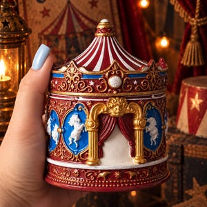 Op de afbeelding: Een cilindervormige container met een carrouselthema, voorzien van een rood-wit gestreept dak, gouden filigraanaccenten en blauwe panelen versierd met witte paardenfiguren. De structuur bevat gouden zuilen, rode gordijnen en een basis met sterren.