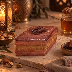 Può includere: Un pasticcino baklava rettangolare con una crosta sfogliata a strati color marrone rossastro e un ripieno visibile di pistacchi verdi. La parte superiore è guarnita con un singolo dattero glassato scuro. Il pasticcino poggia su una pietra.