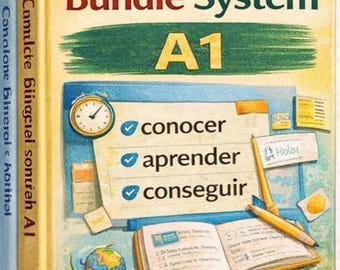 May include: A book cover for a Spanish language learning system. The cover features the text "Complete Bundle System A1" with illustrations of a clock, pencils, and an open book. The text "Everything you need for Spanish A1 in one book!" is also visible.