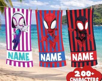 Toallas de playa personalizadas de superhéroes: toallas personalizadas con nombre y diseños inspirados en arañas.