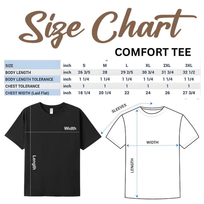 Puede incluir: Una tabla de tallas para una Comfort Tee, con medidas en pulgadas. La tabla incluye tallas de la S a la 3XL, detallando la longitud del cuerpo, la tolerancia de la longitud del cuerpo, la tolerancia del pecho y el ancho del pecho. Dos ilustraciones de camisetas muestran las medidas de longitud y anchura.