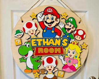 Mario Gaming Theme Custom Name Sign, Personalized Kids Room Decor, Wooden Nursery Sign