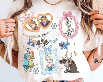 Camiseta de acuarela de Elsa, Anna, Olaf y Sven de Frozen con lazos coquetos