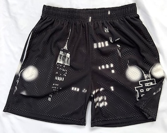 Youth Size, EE Black City night Mesh Basketball Shorts, Boys Urban Streetwear Gym Shorts, Breathable Sports Shorts Black City Shorts
