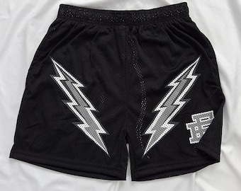 EE Short de basket-ball en mesh noir éclair, Short de sport de sport pour homme, Short de sport streetwear audacieux d'été Vêtements de sport streetwear tendance