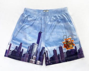 EE New York Skyline Mesh Shorts NYC Cityscape Basketball Shorts Urban Streetwear Athletic Shorts for Men Women NYC Skyline Basketball Shorts