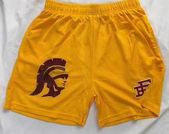 Yellow Mesh Basketball Shorts, Trojan Helmet Athletic Shorts, Men’s Sports Gym Shorts, Breathable Training Shorts Trojan Helmet Mesh Shorts