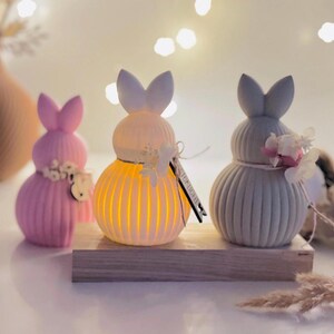 Könnte beinhalten: Drei dekorative Hasenlichter in Rosa, Weiß und Grau, jedes mit einem einzigartigen Design. Der mittlere Hase leuchtet mit warmem Licht. Die Hasen sind mit floralen Akzenten verziert und stehen auf einem Holzsockel.