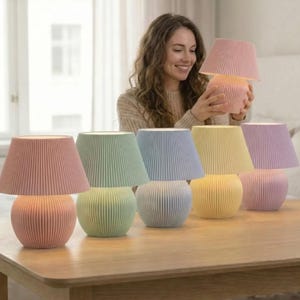 Könnte beinhalten: Eine Sammlung pastellfarbener Tischlampen mit plissierten Schirmen. Die Lampen sind in den Farben Rosa, Grün, Blau, Gelb und Lila gehalten. Die Lampen stehen auf einem Holztisch. Die Lampen sind etwa 20 cm hoch.