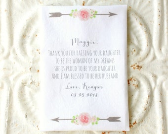 GROOM'S mother IN LAW / father in law handkerchief . thank you for raising the woman of my dreams printed hankie . cotton hanky