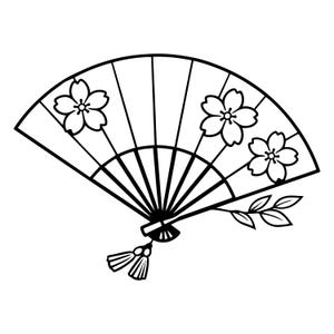May include: A black and white illustration of a Japanese fan. The fan features three cherry blossom designs and a tassel. A sprig of leaves is also included in the design.