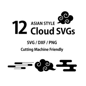 Può includere: Grafica in bianco e nero con il testo "12 Cloud SVGs in stile asiatico". L'immagine include vari disegni di nuvole e il testo "SVG / DXF / PNG Cutting Machine Friendly".