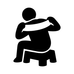 May include: A black and white icon depicting a person seated on a small stool, reaching behind their back to adjust a white band or strap. The figure is a silhouette, with simple lines defining the form and posture.