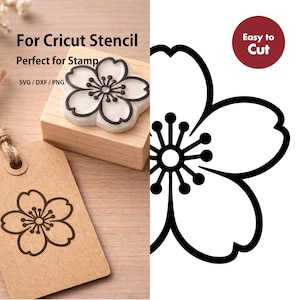 Puede incluir: Un sello de madera con diseño de flor de cerezo, una etiqueta de papel marrón estampada con la misma flor y un gráfico digital de la flor. El texto incluye For Cricut Stencil, Perfect for Stamp, SVG/DXF/PNG y Easy to Cut en un círculo rojo.
