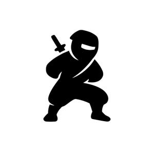 May include: A black and white illustration of a ninja in a crouched stance, with a sword on their back. The ninja is wearing a mask and traditional attire, ready for action. The design is simple and bold, suitable for various applications.