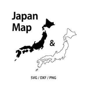 May include: A black and white graphic of the Japan map. The words "Japan Map" are above the map. The map is shown in two styles: solid black and outlined. The text "SVG / DXF / PNG" is below the map.