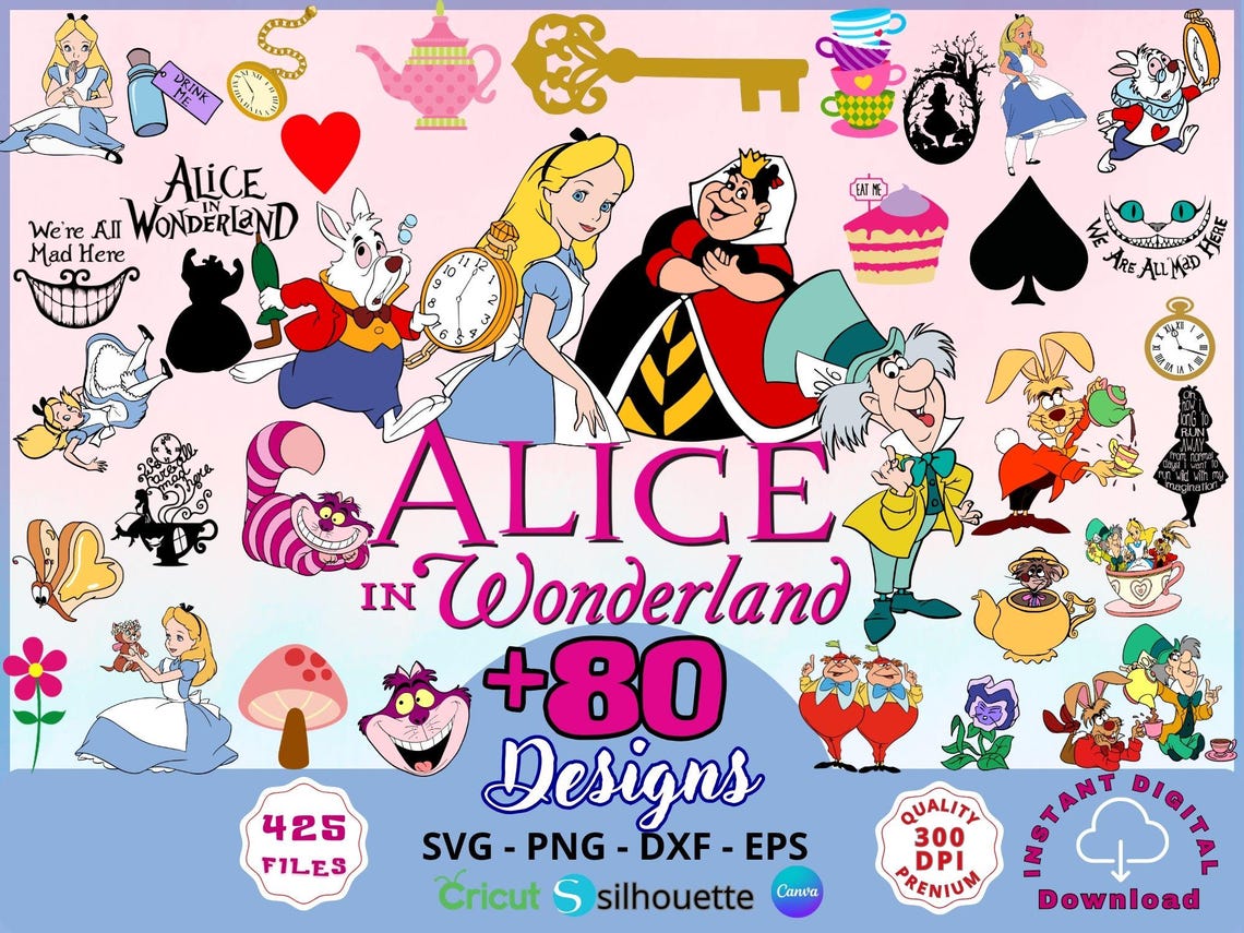 Alice in Wonderland PNG SVG Bundle 60 Designs | Wonderland Clipart for ...