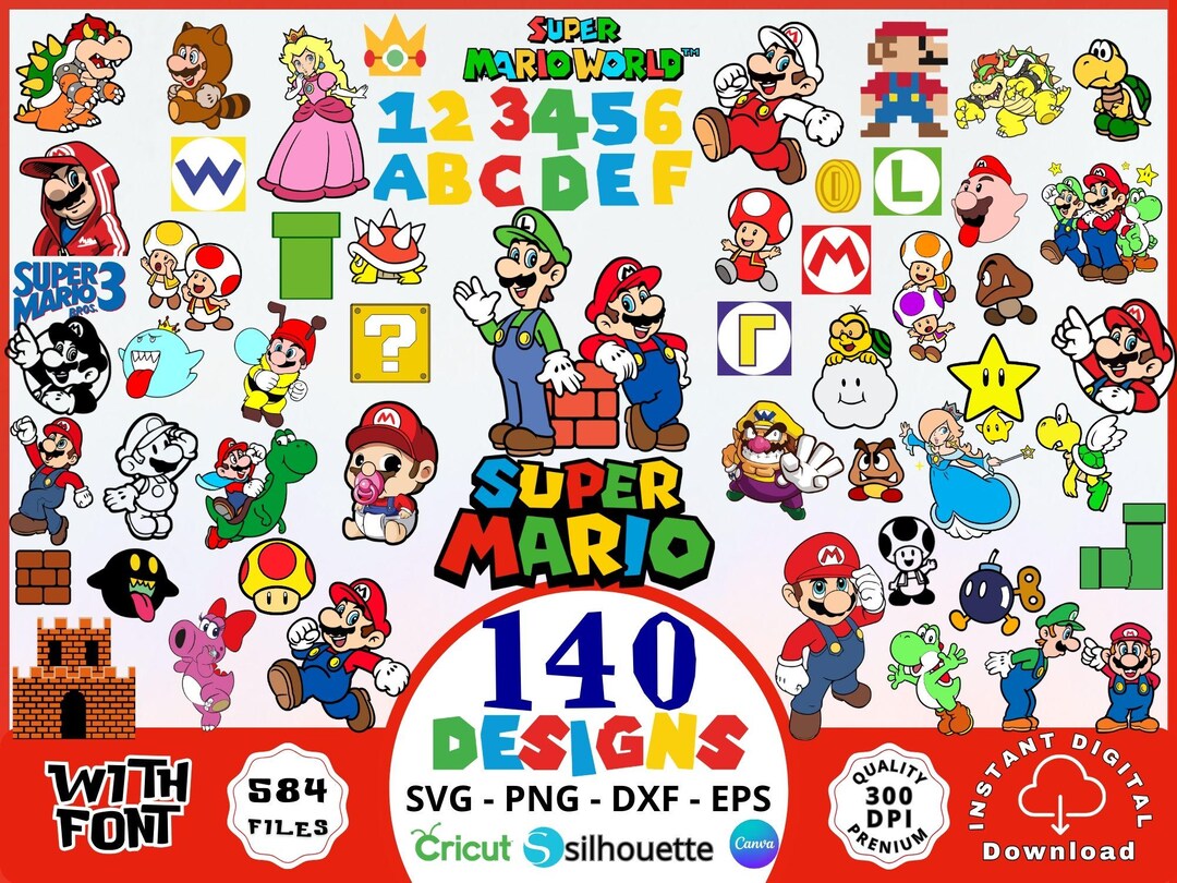 Super Mario PNG SVG Bundle 140 Designs | Mario Kart, Princess Peach ...
