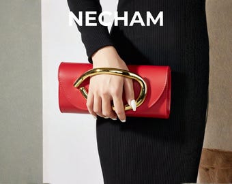 Red Evening Clutch Bag with Gold Handle, Detachable Chain Shoulder Strap