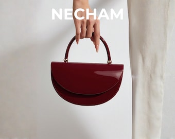 Mini borsa a mano bordeaux in vernice, pochette lucida, elegante borsa a tracolla con catena