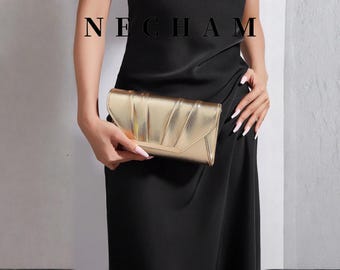Bolso Clutch Dorado Metálico para Mujer, Elegante Mini Bolso de Fiesta con Cadena, Bolso para Boda y Eventos