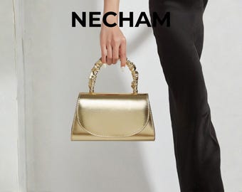 Gold Metallic Clutch Bag: Ruched Top Handle, Chain Shoulder Strap, Evening Purse