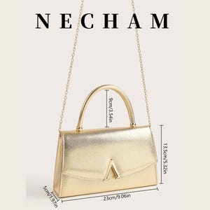 May include: Gold-colored handbag with a top handle and chain strap. The bag is rectangular, measuring 9.06 inches wide, 5.32 inches high, and 1.97 inches deep. The bag has a gold-colored metal clasp and the word "NECHAM" is at the top.