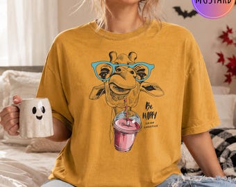 Giraffe Drinking Smoothie T-Shirt, Funny Animal Graphic Tee, Cute Giraffe with Glasses Print, Whimsical Summer Animal Lover Apparel