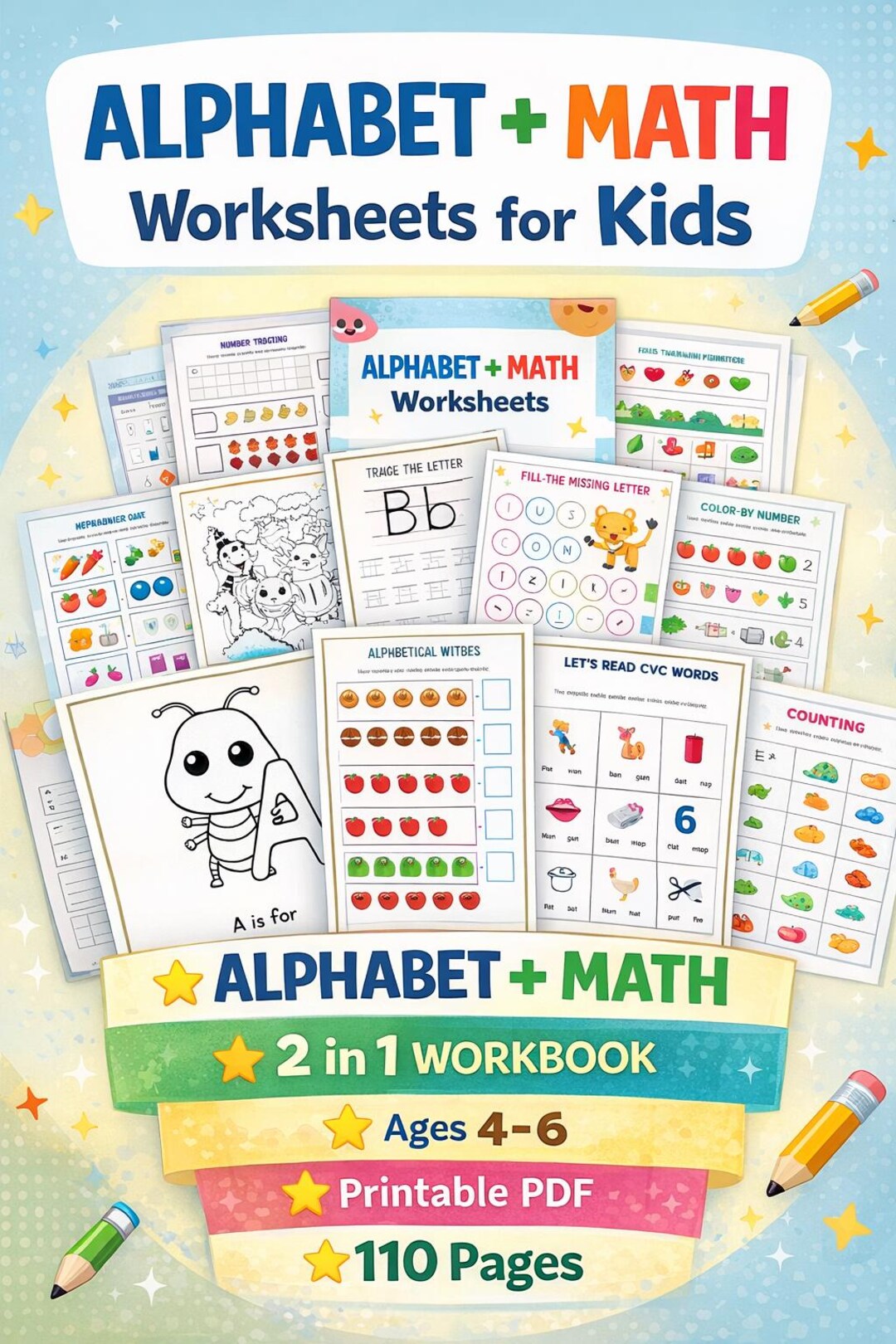 Alphabet Math Worksheets for Preschool Kids Ages 4-6 (printable PDF) - Etsy