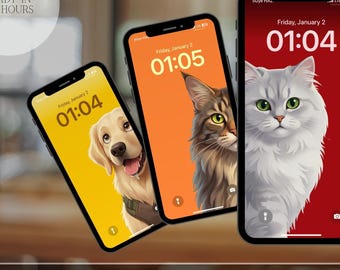 May include: Three smartphones displaying custom pet artwork in a Pixar style. The screens show a golden retriever, a tabby cat, and a fluffy gray cat. Each phone displays the date and time. The text reads "READY IN 24 HOURS".