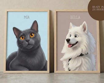 Retrato de mascota personalizado a partir de una foto / Retrato digital de mascota / Arte personalizado para perros o gatos / Regalo de arte mural imprimible para mascotas / Regalo conmemorativo para mascotas