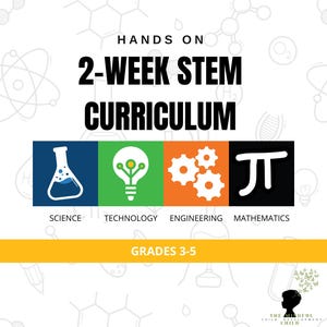 Puede incluir: Un gráfico blanco con el texto «HANDS ON 2-WEEK STEM CURRICULUM» e iconos que representan Ciencia, Tecnología, Ingeniería y Matemáticas. También está presente el texto «GRADES 3-5». La imagen tiene un fondo claro con garabatos relacionados con la ciencia.