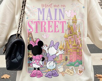 Vintage Comfort Colors Meet Me On Main Street Shirts, Retro Minnie And Daisy Besties Tee, Magic Kingdom Castle Tee, Disney Girls Trip Gift