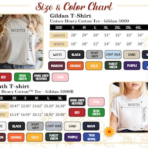May include: A size and colour chart for Gildan T-shirts, including unisex and youth sizes. The chart displays measurements in inches for length and width, along with colour options such as white, black, and navy. The chart also includes the text "Gildan T-Shirt" and "Size & Color Chart".