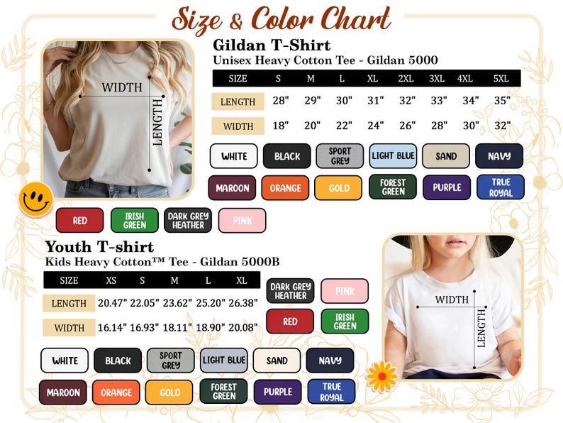 May include: A size and colour chart for Gildan T-shirts, including unisex and youth sizes. The chart displays measurements in inches for length and width, along with colour options such as white, black, and navy. The chart also includes the text "Gildan T-Shirt" and "Size & Color Chart".